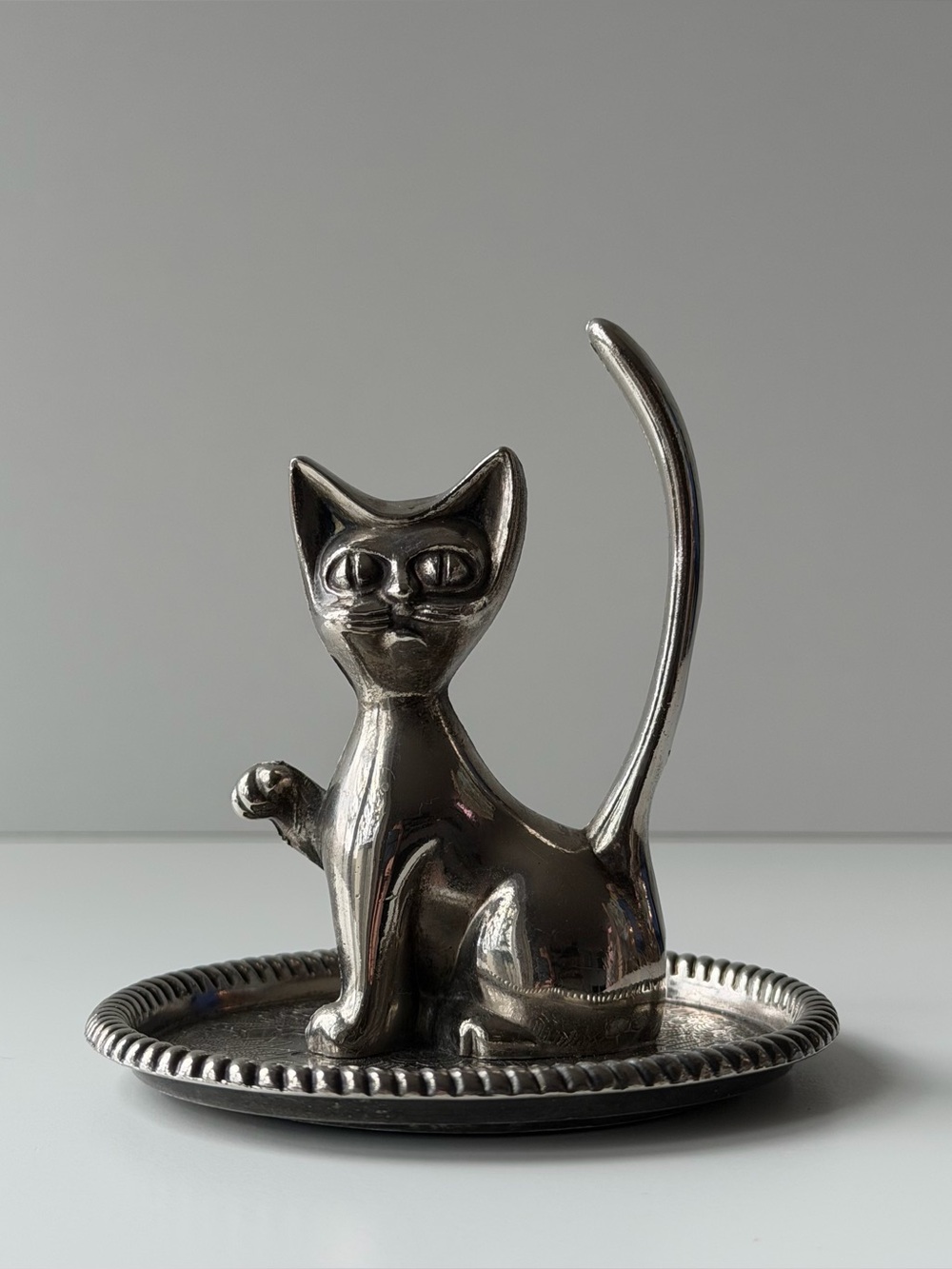 Vintage Silver Plated Cat Ring Holder Trinket Dish Jewelry Tray Mid Century